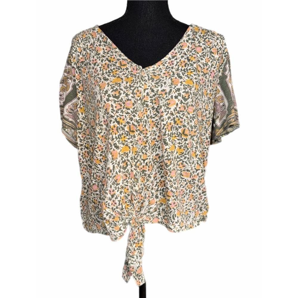 Lucky Brand Floral Paisley Tie Front Button V-Neck Top Green Pink Yellow Large